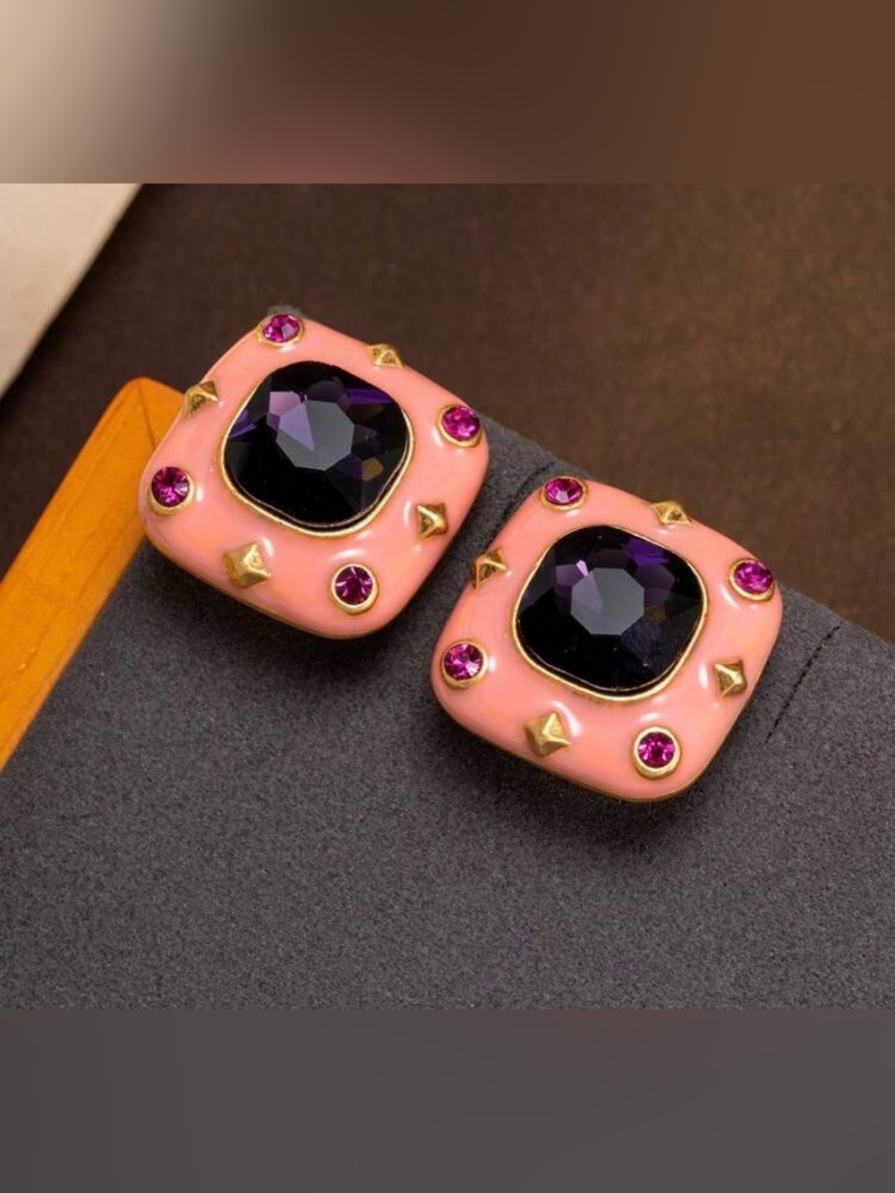 Vintage Pink Enamel Earrings with Purple Crystal Centers
